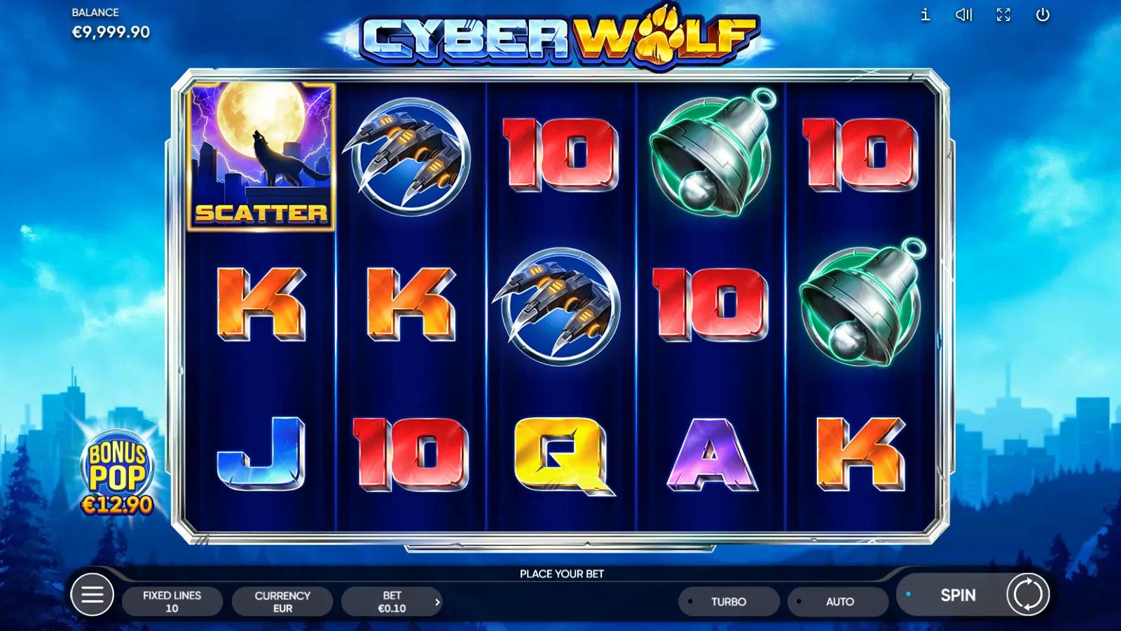Cyber Wolf gameplay showing 5x3 reels with a cyborg wolf, metallic royals and a cyber bell on a blue skyline