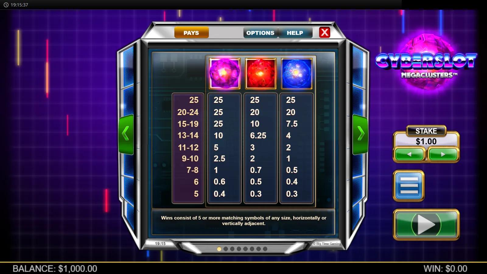 Cyberslot Megaclusters slot PAYS screen showing glowing gem cluster-pay symbols on a neon futuristic grid