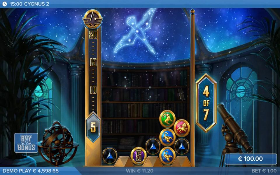 Cygnus 2 bonus free drop where a multiplier coin has reached the left column and pushed the meter to 5