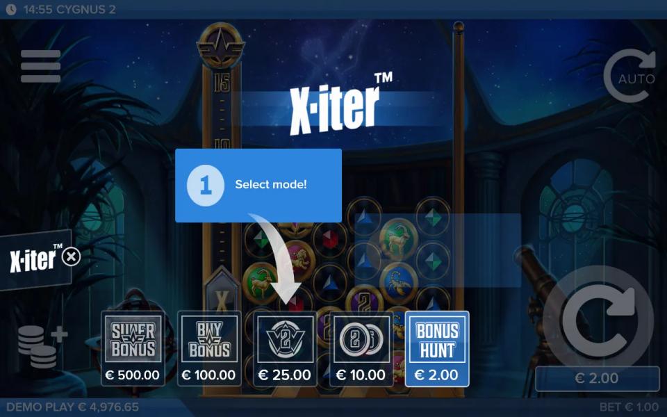 Cygnus 2 X-iter menu with five buy options priced from 2x to 500x the bet
