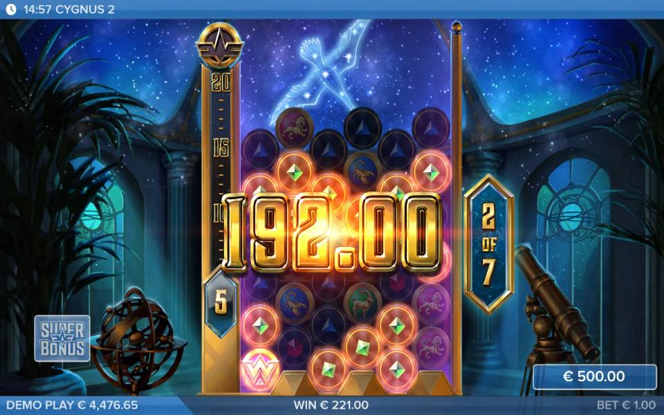 Cygnus 2 Super Bonus free drop with a green gem win across an expanded board and the multiplier meter at 5