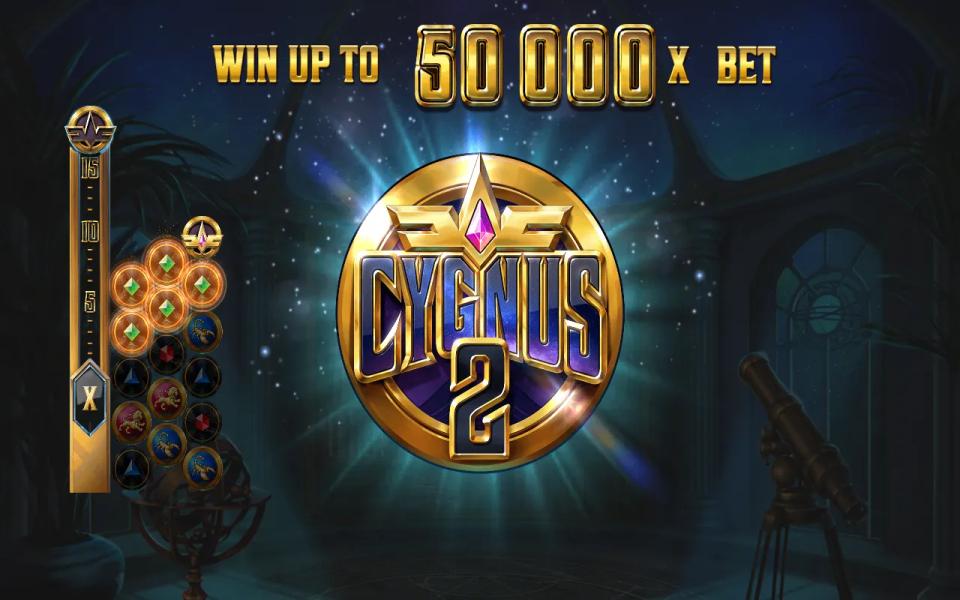 Cygnus 2 intro card reading Win up to 50 000 x bet over the observatory background