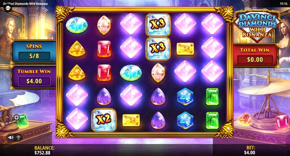 Three Diamond Multiplier tiles landed together during the bonus, showing x3, x3 and x2 on the 6x5 grid