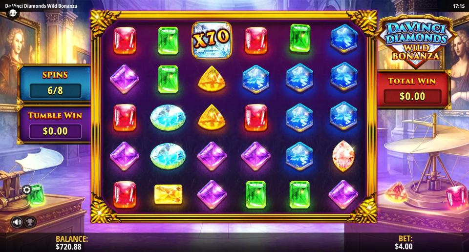 A x70 Diamond Multiplier tile sitting on a bonus board with a total win of zero