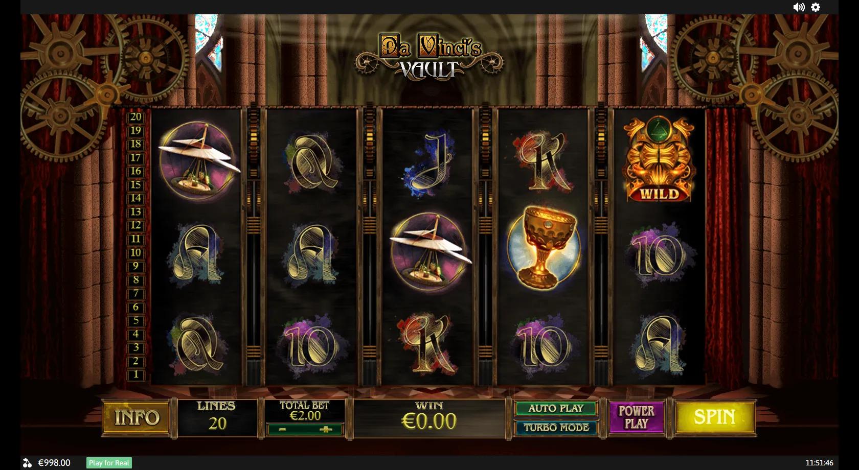 Da Vinci's Vault slot gameplay showing 5x3 grid with gold WILD, Holy Grail and flying-machine symbols on 20 lines