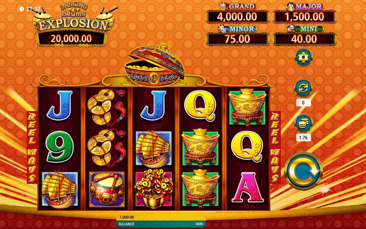 Dancing Drums Explosion 5x3 reels with Chinese drum theme and four-tier Fu Bat Jackpot ladder above.