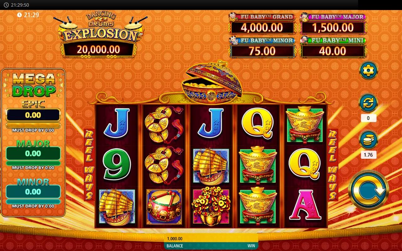 Dancing Drums Explosion Mega Drop 5x4 grid with FU BABY jackpots panel and Mega Drop progressive meters