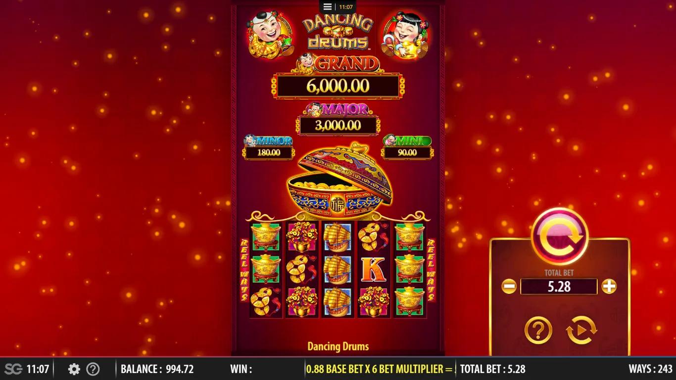 Dancing Drums slot gameplay showing 5x4 grid with 243 ways, Fu Babies symbols and four-tier jackpot ladder