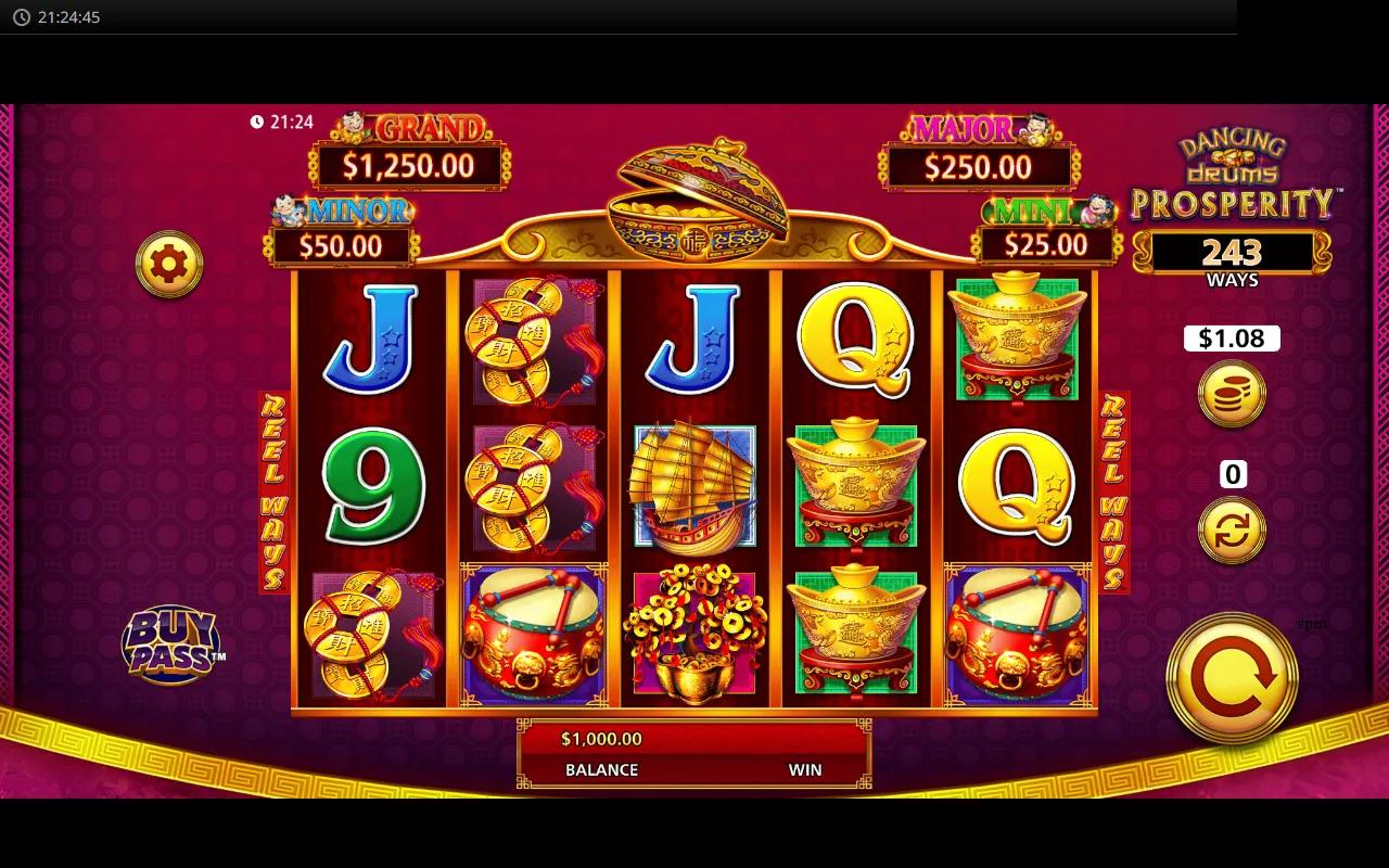 Dancing Drums Prosperity gameplay on a 5x3 grid with red drums, the FU BAT wild and the four-tier FU BABY jackpot ladder.