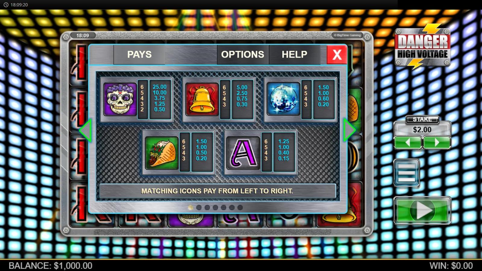 Danger High Voltage slot PAYS screen showing sugar-skull, bell and disco-ball symbol payouts on a disco light wall