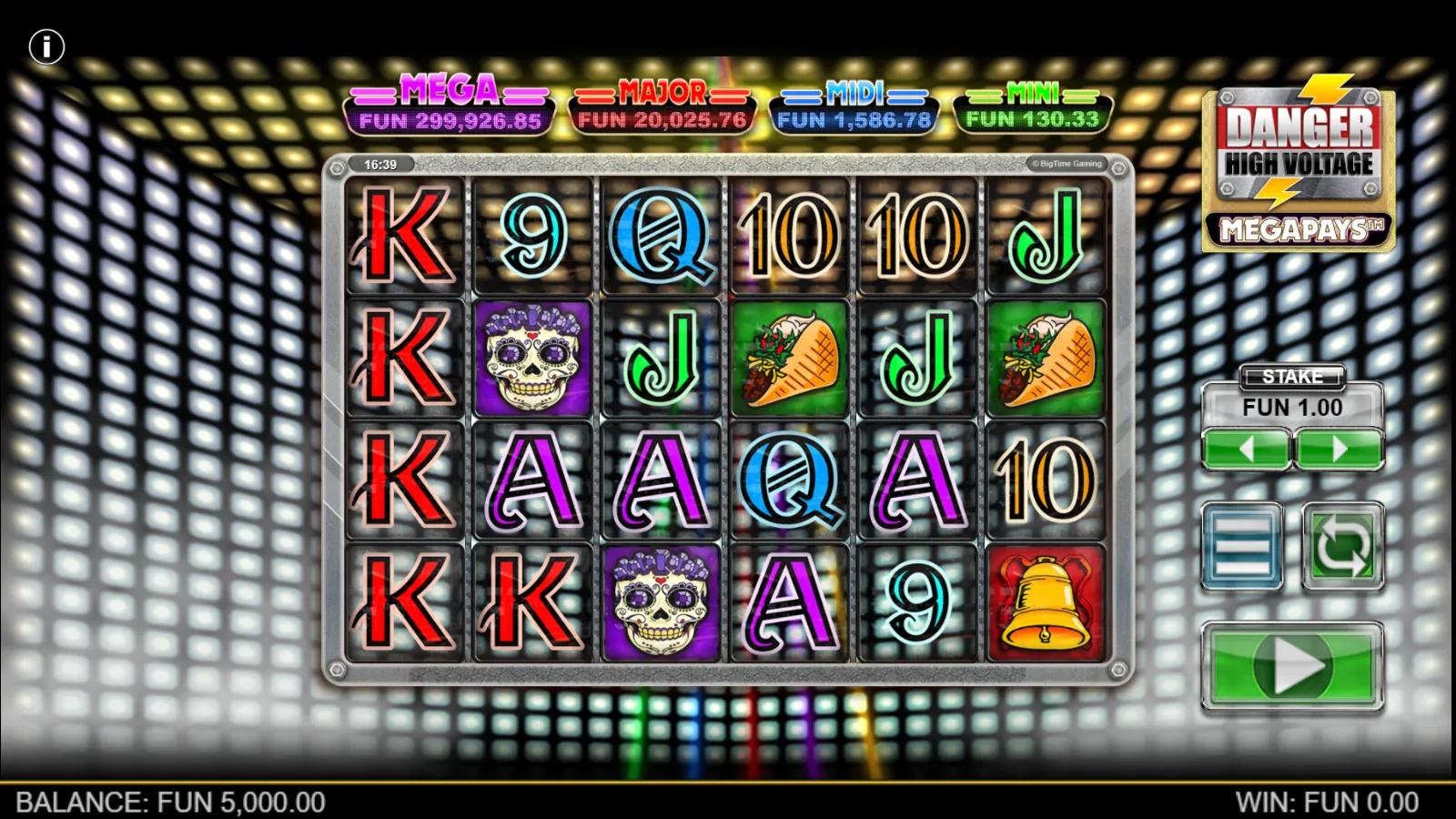 Danger High Voltage Megapays gameplay showing the 6-reel grid with the four-tier progressive jackpot ladder