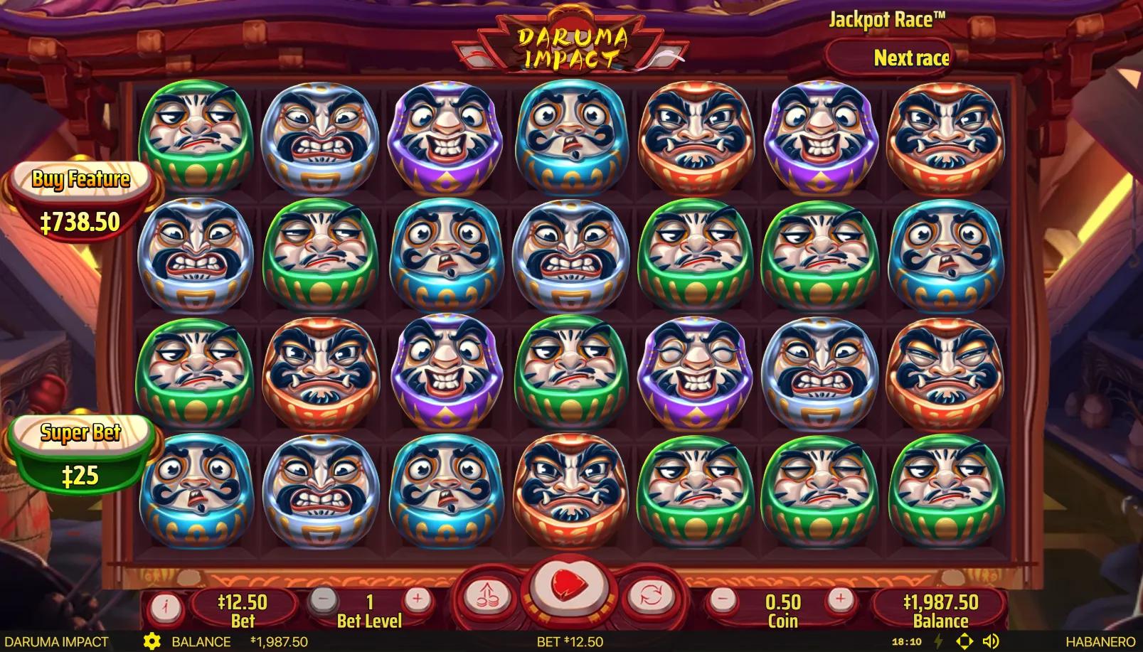 Daruma Impact slot gameplay showing 7x4 grid filled with multicolored Japanese Daruma dolls and golden samurai daruma