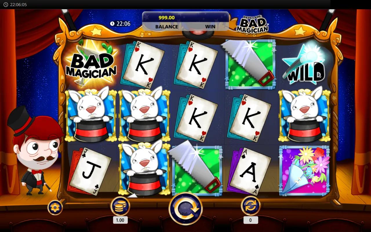 Dave Lame Bad Magician slot showing 5x3 243-ways stage grid with the magician Wild and rabbit-in-hat symbols