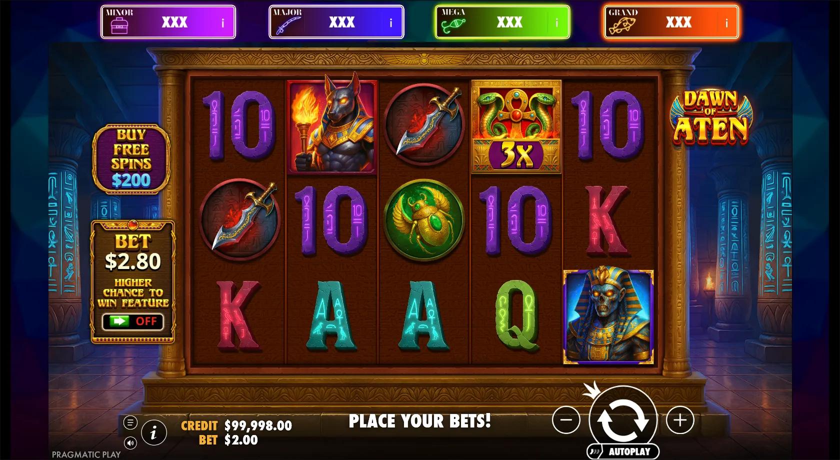 Dawn of Aten Big Bass Jackpot Bonanza gameplay showing the 5x3 grid with a 3x roaming wild and four jackpot bars