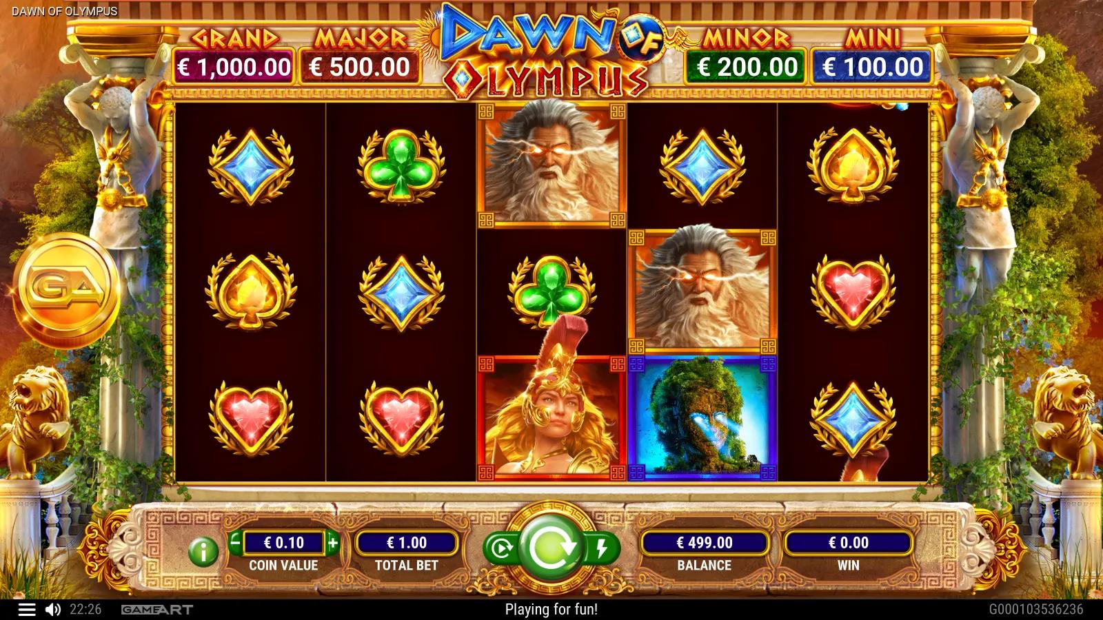Dawn of Olympus slot gameplay showing the 5x3 reels with Zeus, Athena and Medusa symbols under a four-tier jackpot ladder