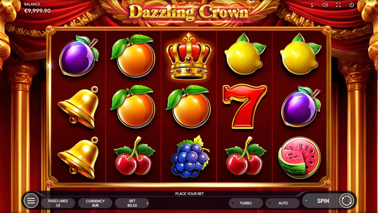 Dazzling Crown slot gameplay showing 5x3 fruit reels with a golden crown Wild, red 7 and diamond Scatter
