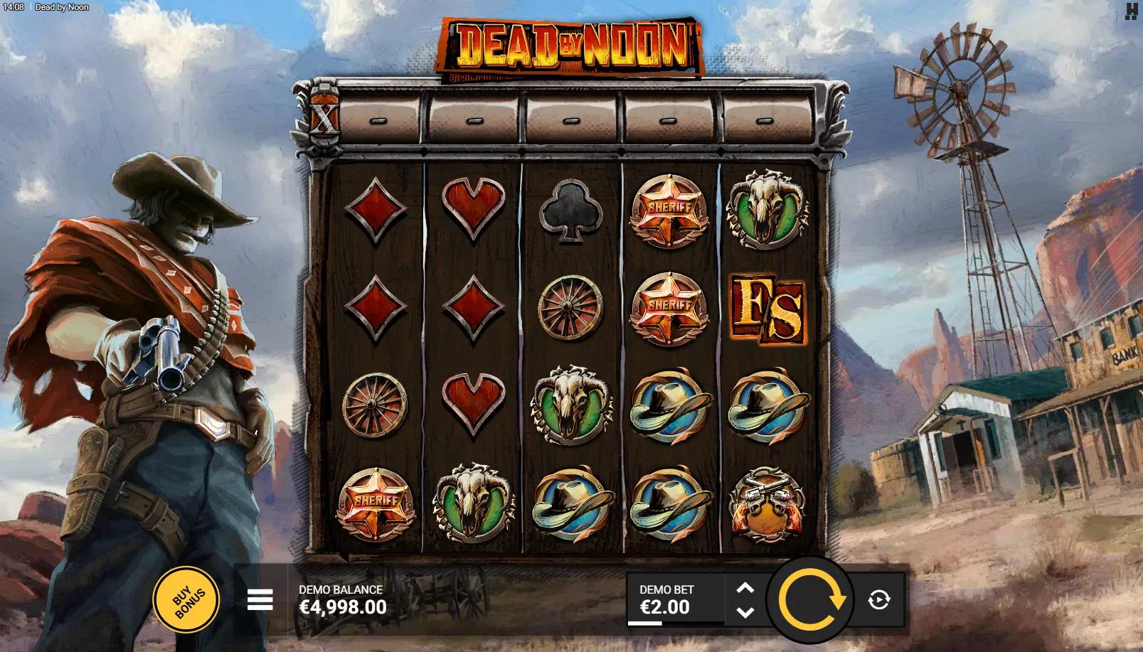 Dead by Noon slot gameplay showing the 5x4 grid with Multiplier Chambers above the reels and Western symbols