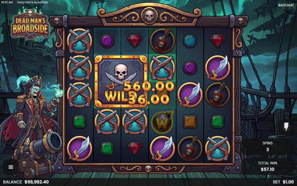 Dead Man's Broadside free spins: a 2x2 Wild block sits inside the lit Multiplier Zones on the 6x5 board, linking Crossed Pistols and Cutlasses into two wins