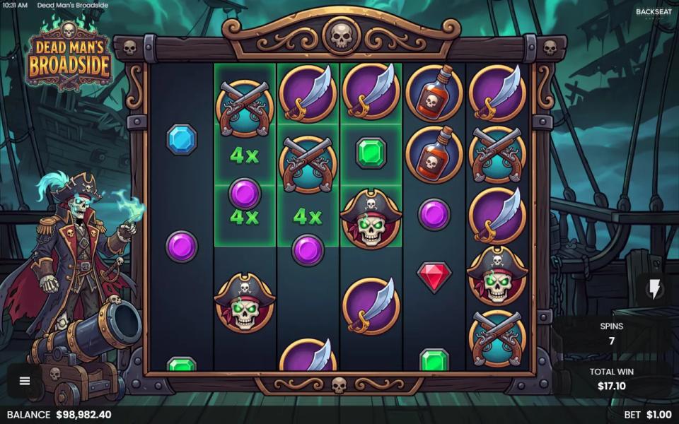 A 3x3 Multiplier Zone at 4x per tile glowing green across reels 2 to 4 during the Final Broadside free spins