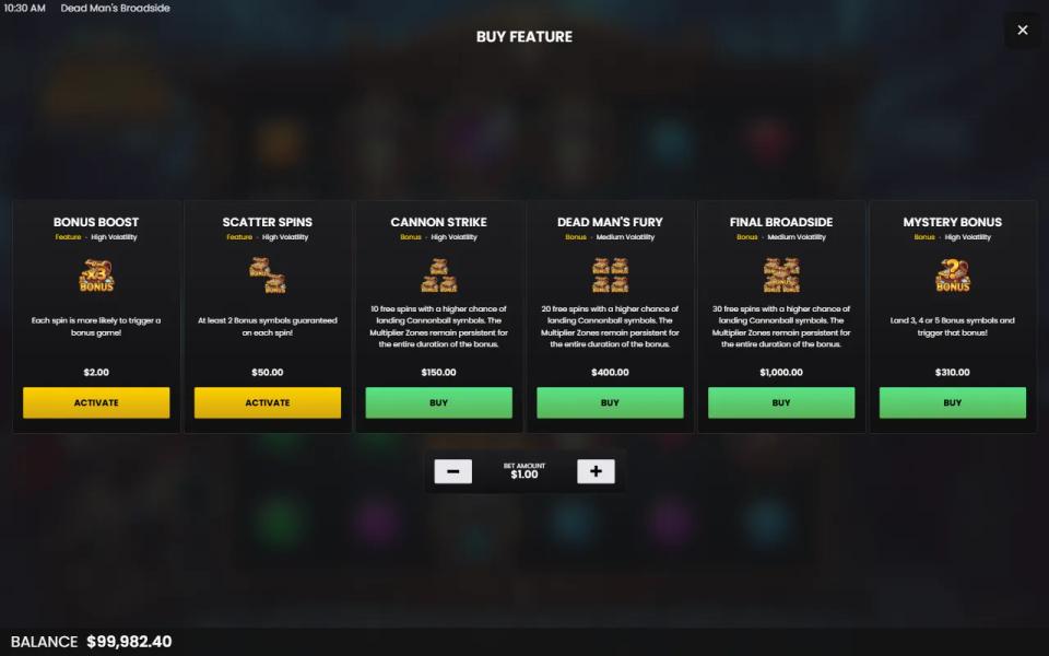Dead Man's Broadside buy menu listing Bonus Boost, Scatter Spins, Cannon Strike, Dead Man's Fury, Final Broadside and Mystery Bonus with their prices