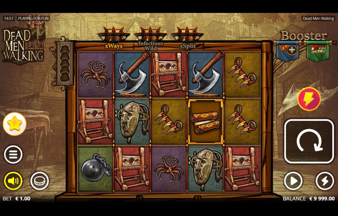 Dead Men Walking slot gameplay showing 5x3 grid with three fire pits above the reels and medieval executioner symbols in a stone courtyard