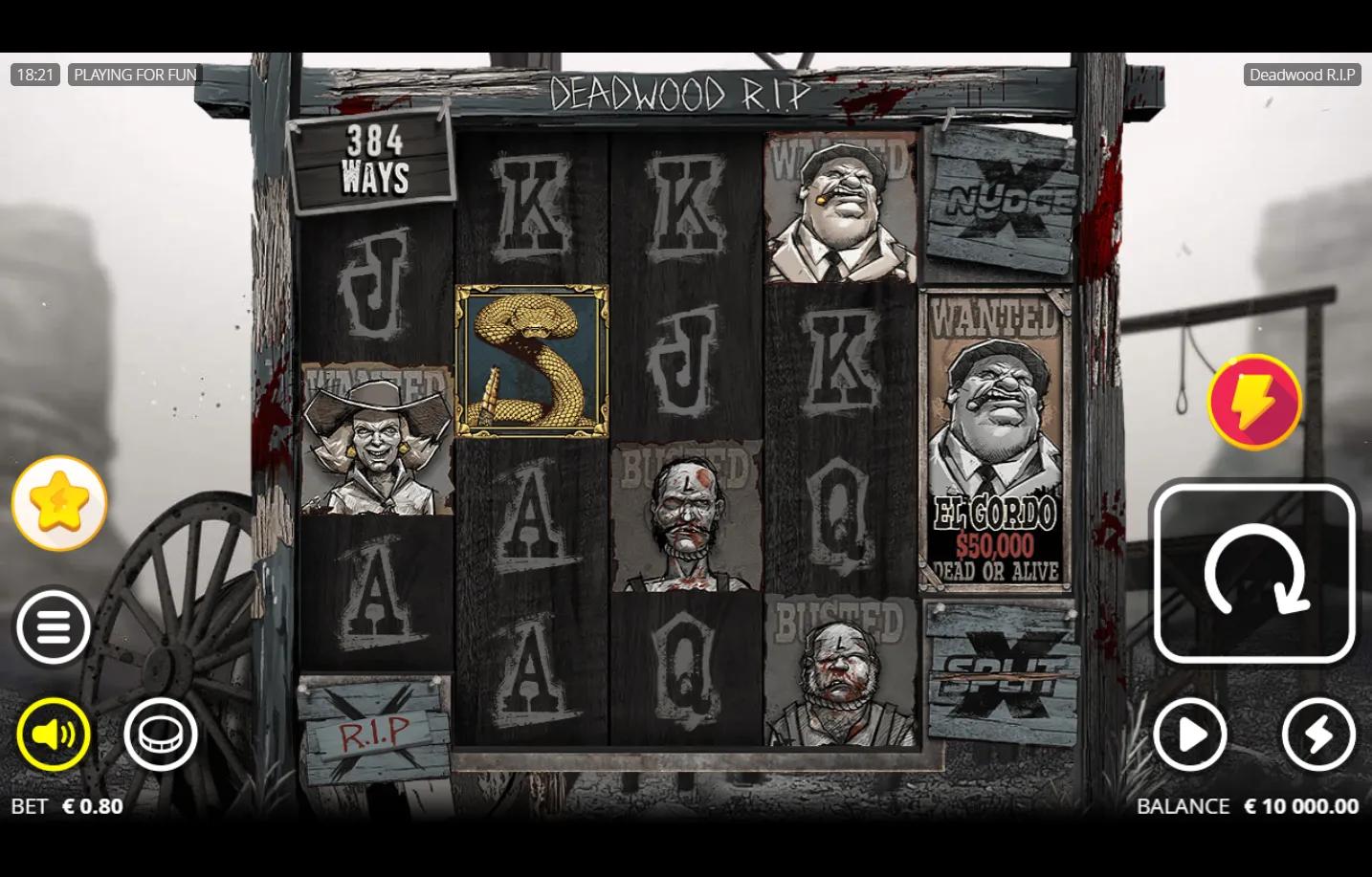 Deadwood R.I.P slot gameplay showing 5-reel 3-4-4-4-2 grid with xNudge Wild and Diamondback Scatter in frontier town