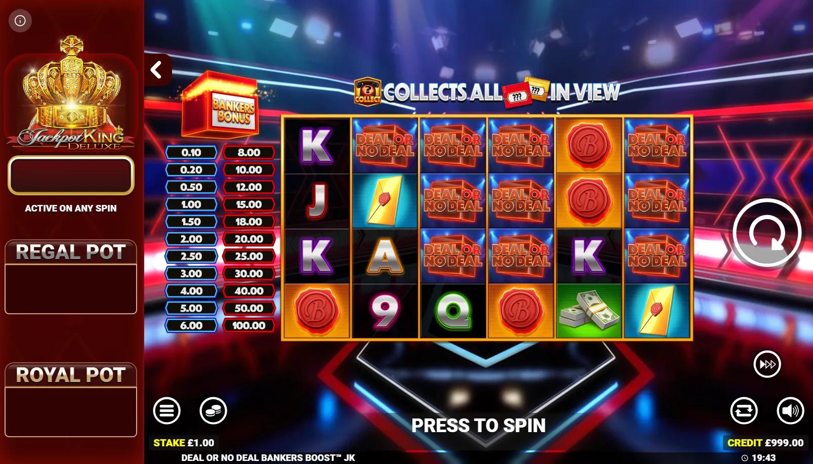 Deal or No Deal Banker's Boost JK slot showing 6x4 grid with TV show contestants, golden box and Jackpot King pots