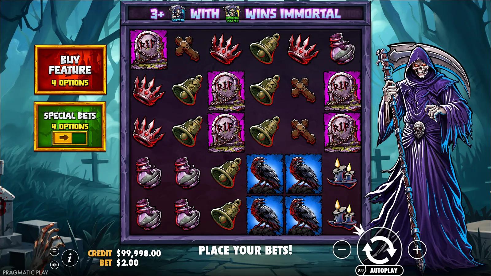 Death Dominion slot gameplay showing 6x5 graveyard grid with RIP tombstone, raven, bell and blood-paw symbols