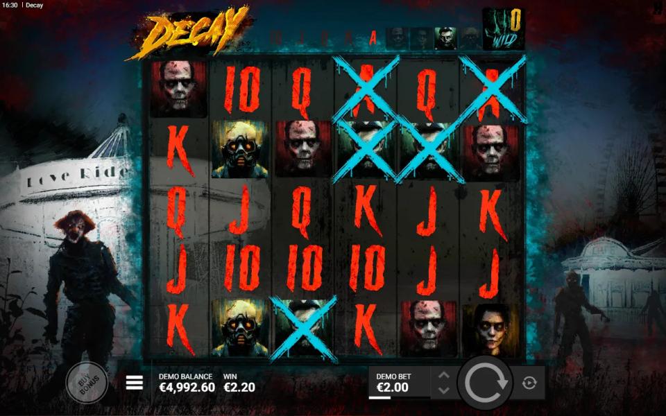 Decay slot 6x5 grid of zombie symbols with SwitchSpins crosses marking tiles for replacement and a wild counter in the corner