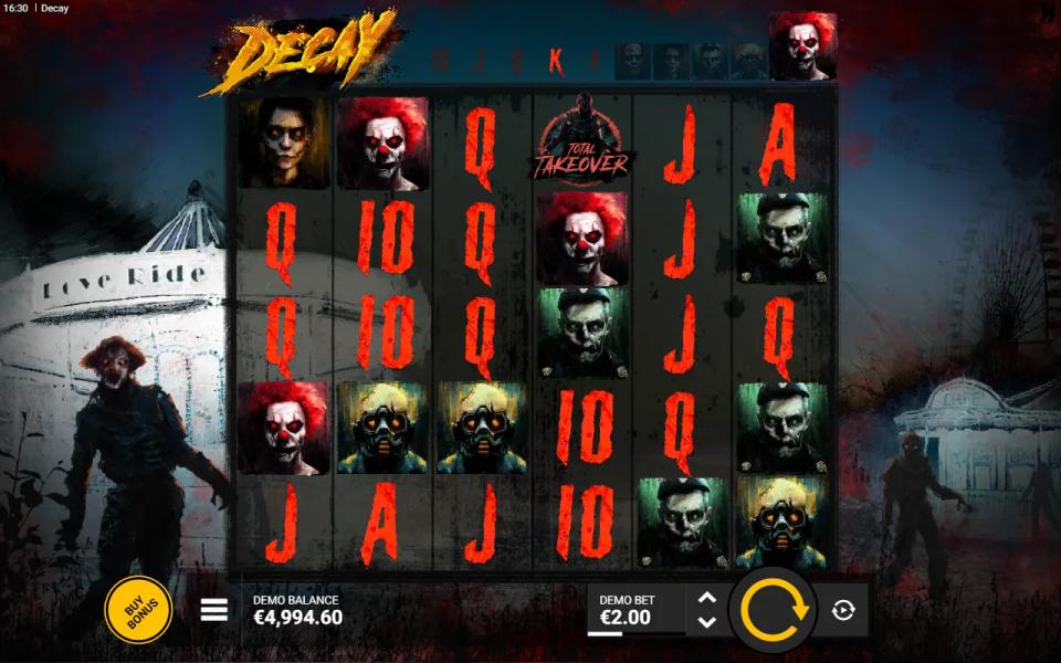 Decay base game spin with no winning line and a single Total Takeover scatter symbol on the fourth reel