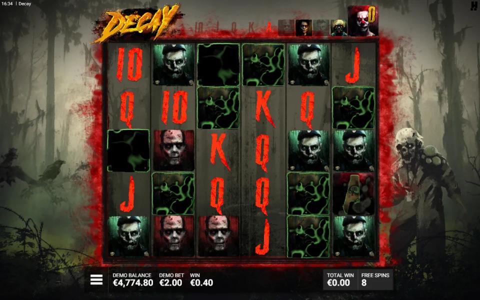 Decay SwitchSpins respin with the grid glowing red and selected symbols dissolving into green mist during the bonus