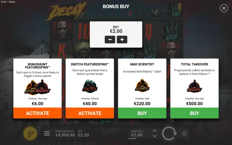 Decay bonus buy menu showing four purchase cards with prices and individual volatility labels