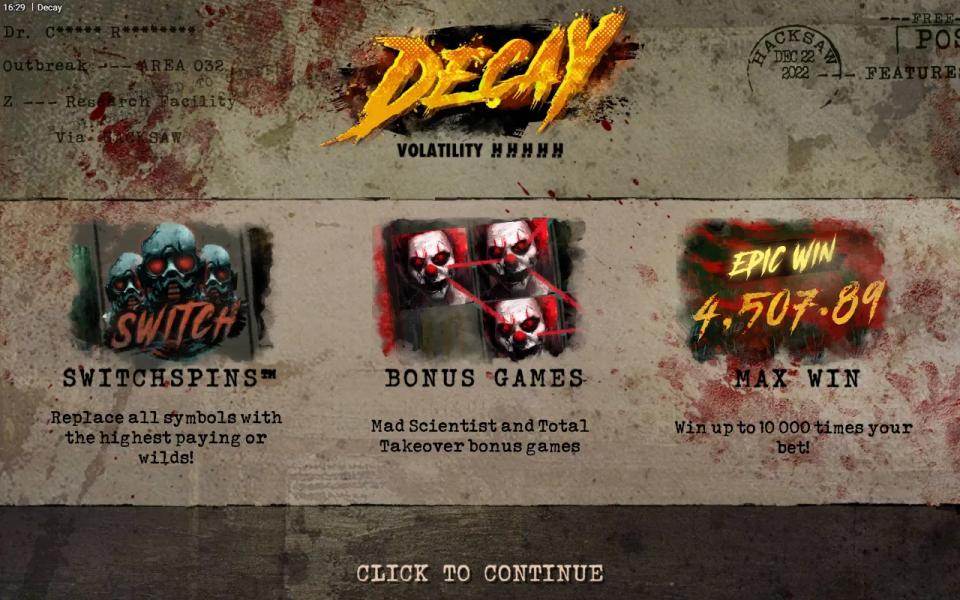 Decay splash screen styled as a blood-spattered outbreak postcard with a five-segment volatility meter and feature panels