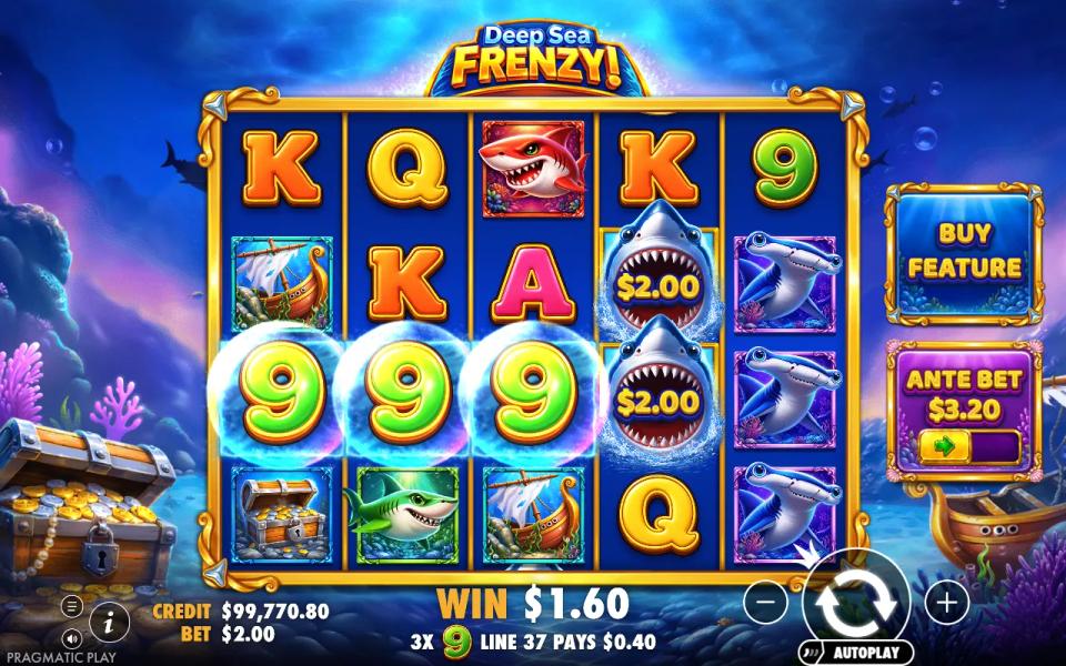 Deep Sea Frenzy 5x4 grid on a blue seabed paying $1.60 for three 9 symbols on payline 37, with money sharks idle on reel four