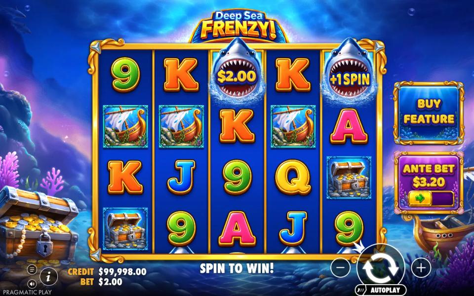 Deep Sea Frenzy 5x4 grid with a +1 Spin collect shark on reel five and a single $2.00 money symbol
