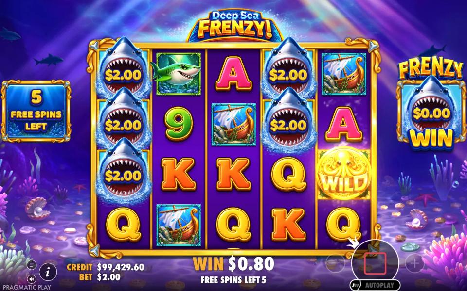 Deep Sea Frenzy free spins with every money shark showing $2.00 on the first spin of the round