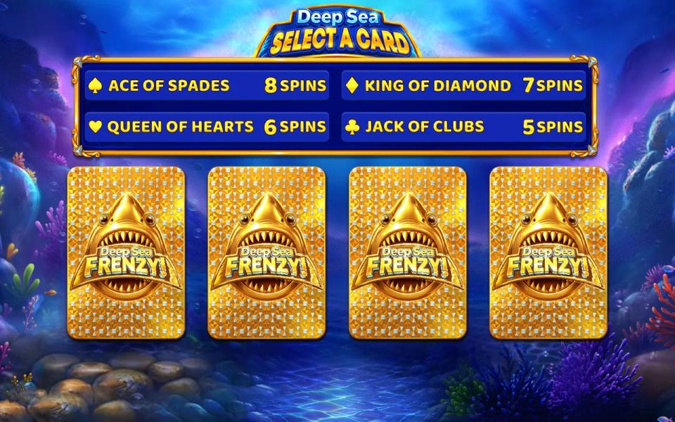 Deep Sea Frenzy pick a card screen offering five, six, seven or eight free spins from four face-down cards