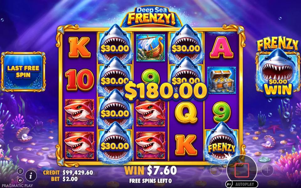 Deep Sea Frenzy collecting six $30.00 money sharks with a Frenzy collect symbol on reel five for $180.00 on the last free spin