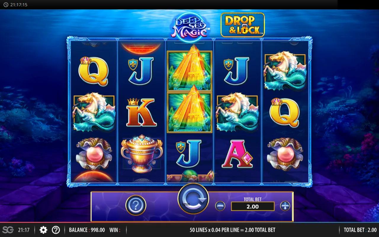 Deep Sea Magic Drop & Lock gameplay: 5x3 reels with golden Pyramid scatters and a blue Crystal Ball cash symbol.