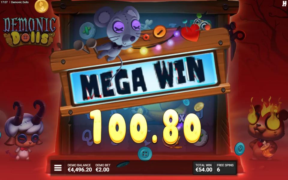 Mega win plaque appearing during a Demonic Dolls respin sequence in the burning attic bonus