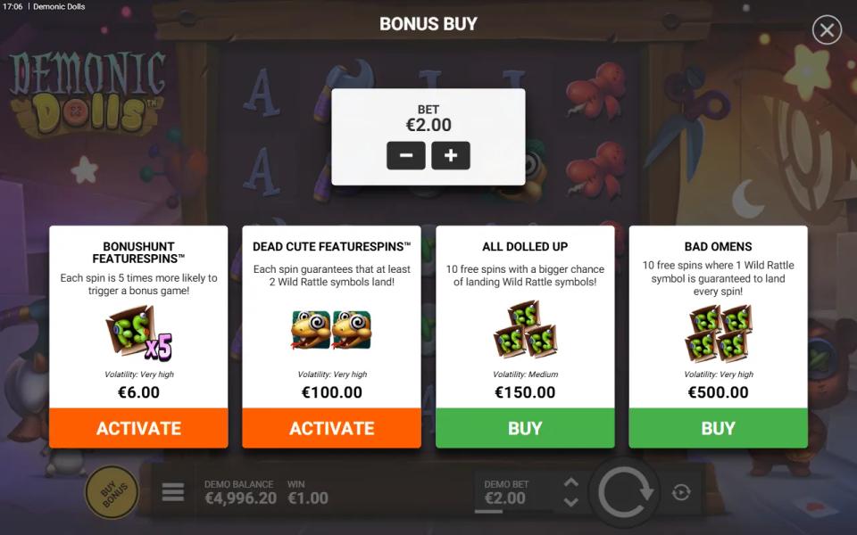 Demonic Dolls bonus buy menu with four purchase cards showing prices and volatility labels