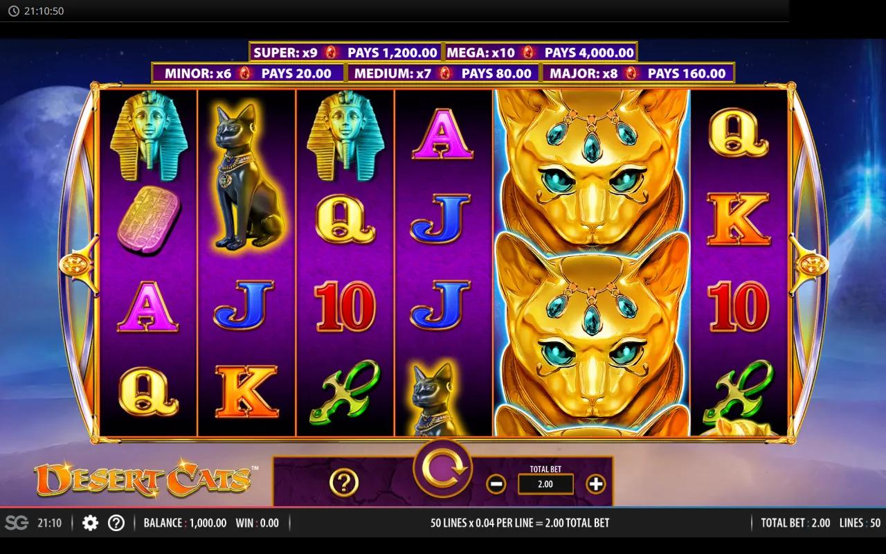 Desert Cats 7x4 grid with two adjacent reels of 2x2 golden cat-goddess Wild blocks and red-gem jackpot collect active.