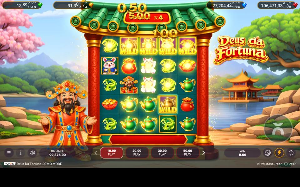 Deus da Fortuna 5x5 board under a green pagoda roof, a row of WILD tiles across the top and the x4 multiplier banner lit over the reels