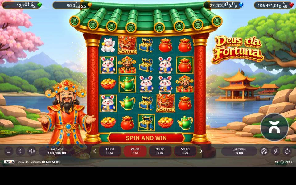 Deus da Fortuna 5x5 grid with two dragon scatters, four jackpot counters in the top bar and a bet bar with no bonus buy button