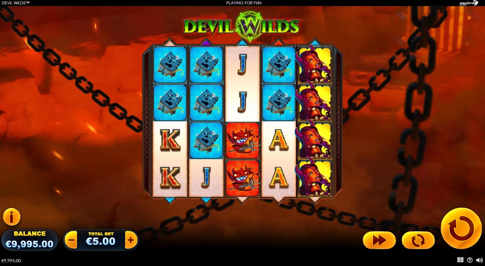 Devil Wilds gameplay showing 5x4 hell-themed reels with a devil-girl, imp and gold W wild