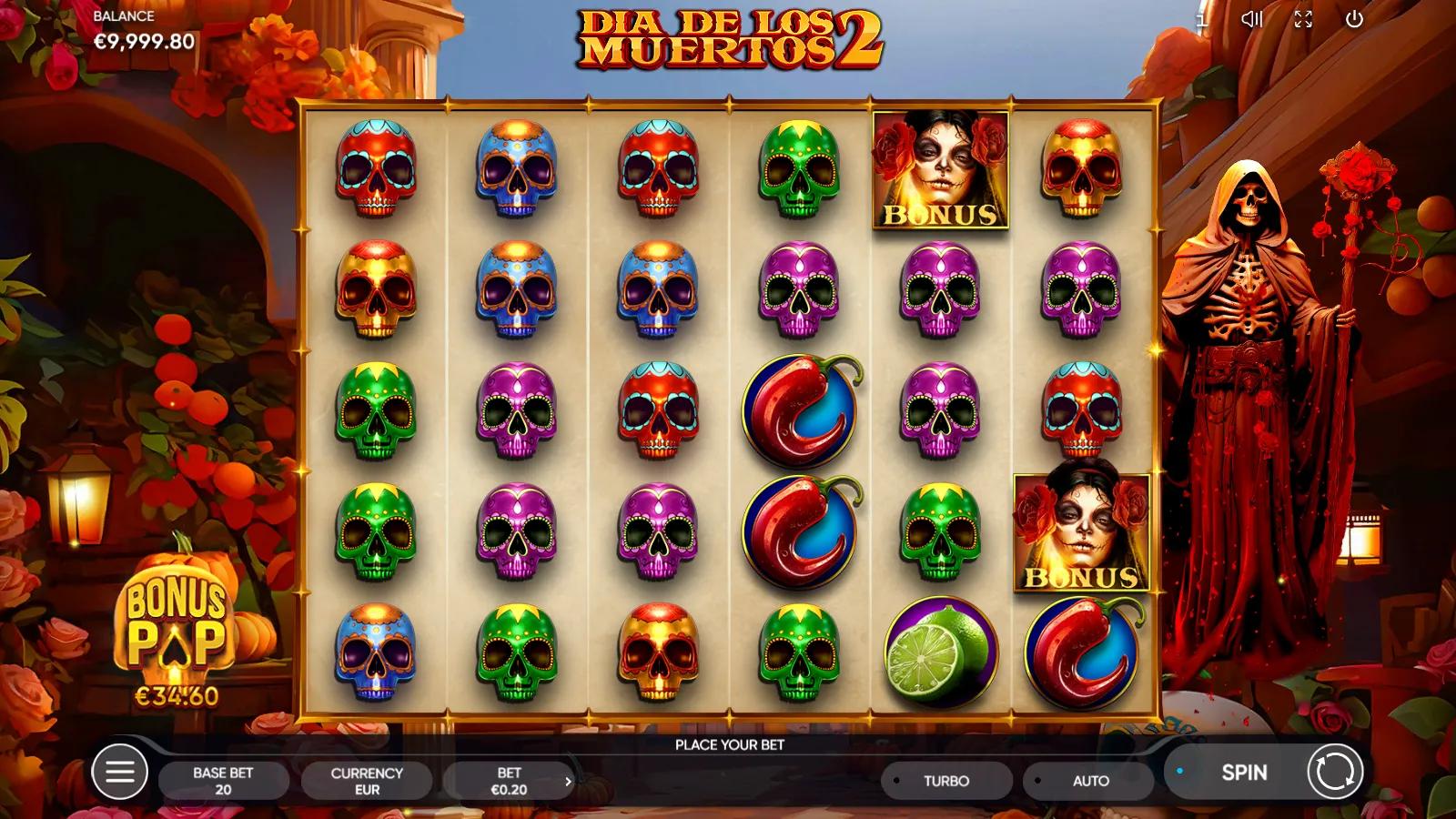 Dia de los Muertos 2 slot gameplay showing 6x5 scatter-pays grid of colorful sugar skulls with a Catrina bonus symbol