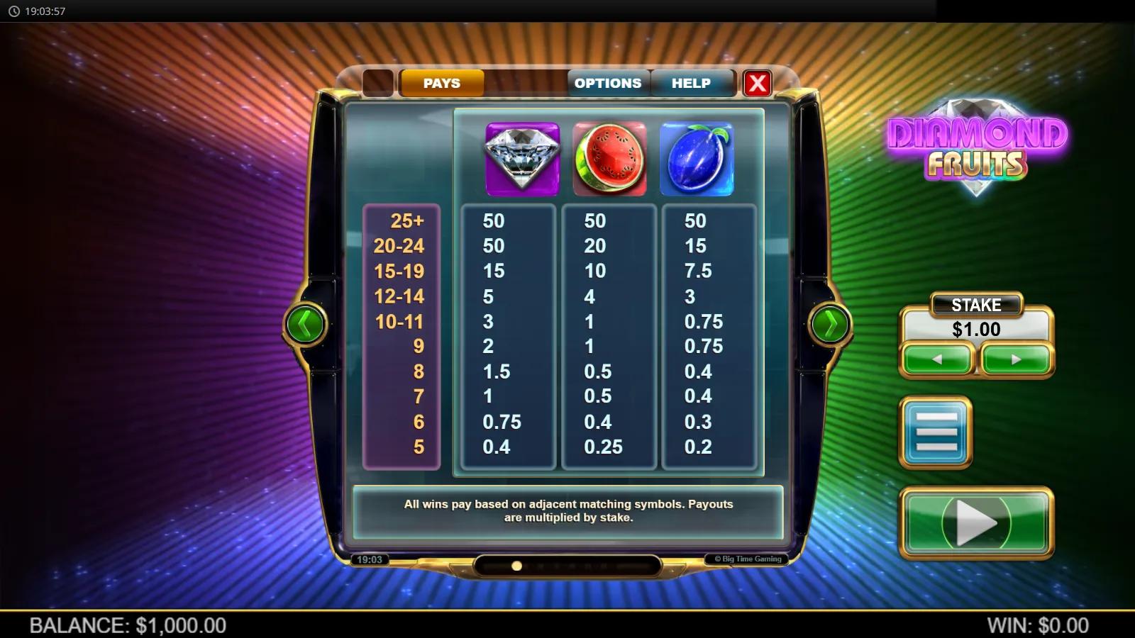 Diamond Fruits slot PAYS screen showing diamond and fruit cluster-pay symbols on a rainbow-neon background