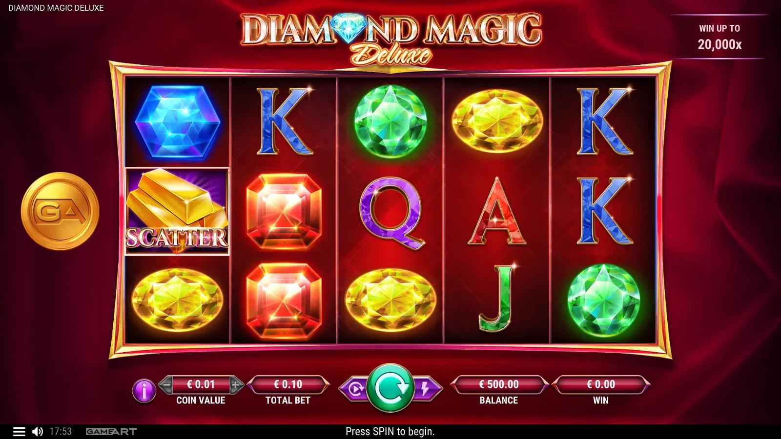 Diamond Magic Deluxe slot gameplay showing the 5x3 grid of coloured gemstones, blue diamond Wilds and gem-cut royals