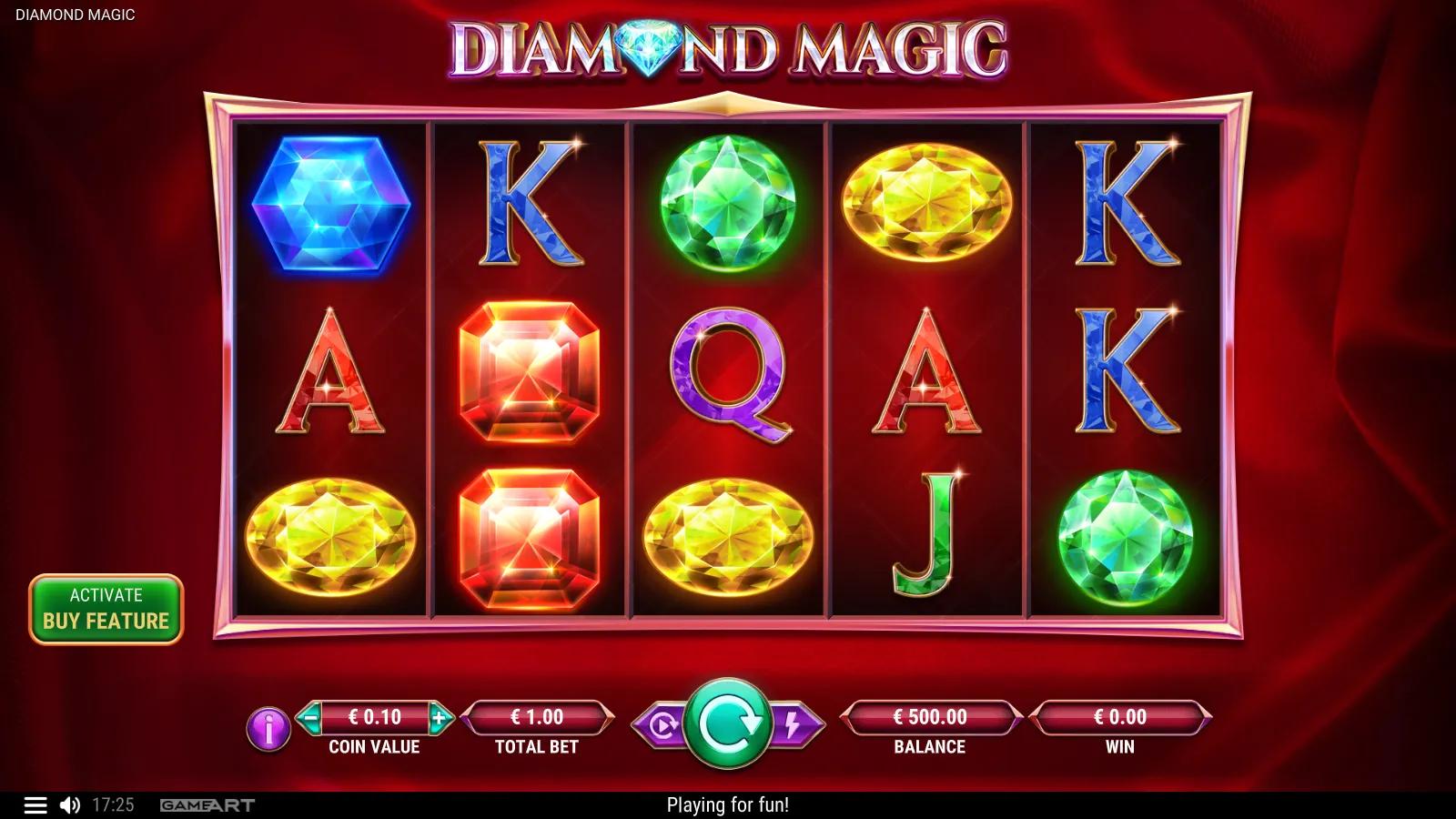 Diamond Magic slot gameplay showing the 5x3 grid of coloured gemstones and gem-cut card royals on a red velvet background