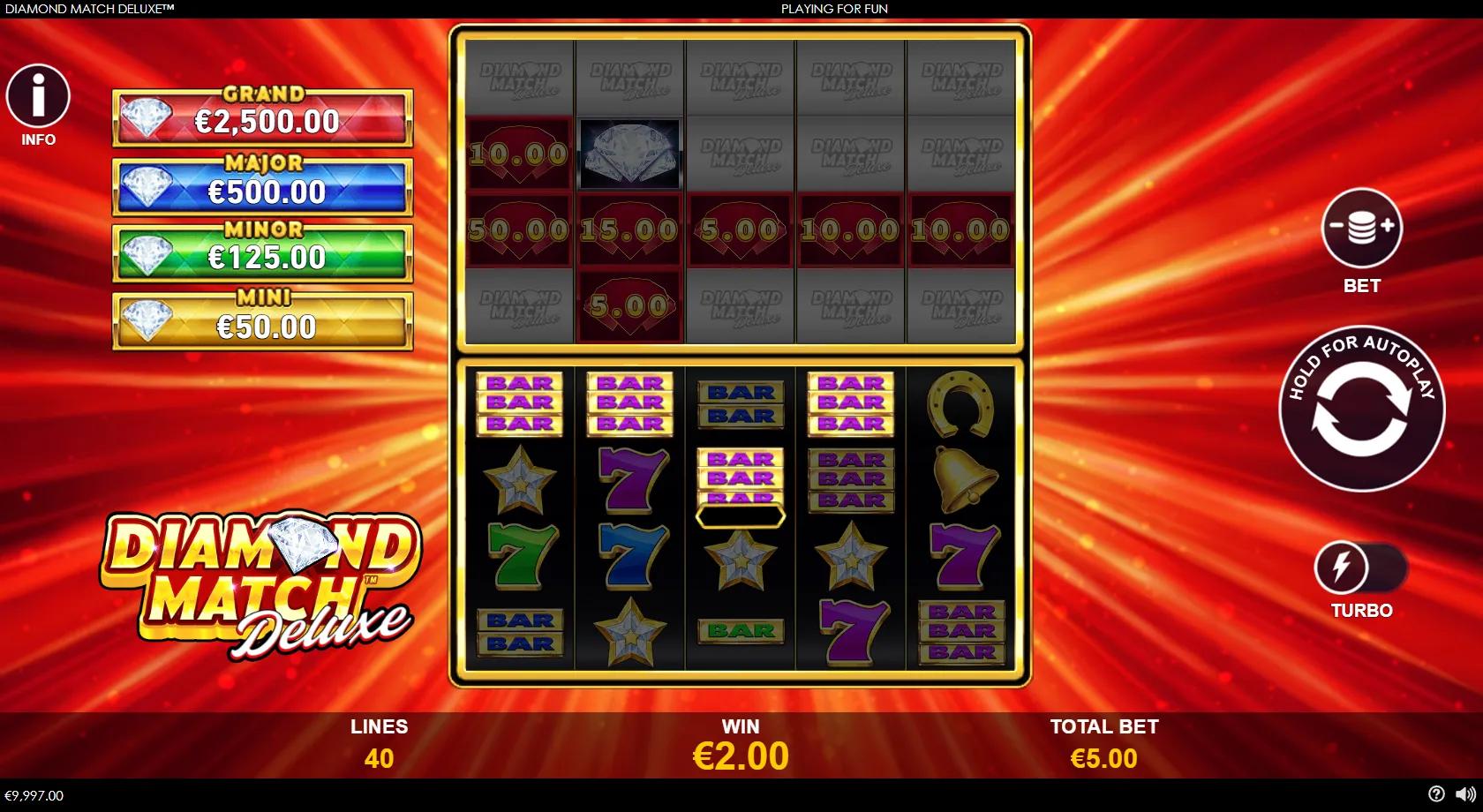 Diamond Match Deluxe slot gameplay showing a dual grid with a top prize board of cash coins and diamonds and a bottom classic-slot grid of 7s, BARs and a Diamond Match tile, with four jackpots